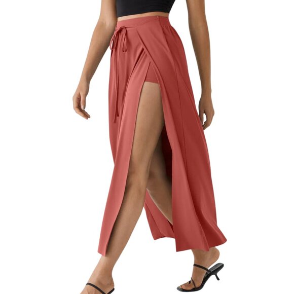 HALARA Breezeful Tie Front 2 In 1 Flowy Maxi Skirt Flame Red Size Small NWT - Picture 2 of 9